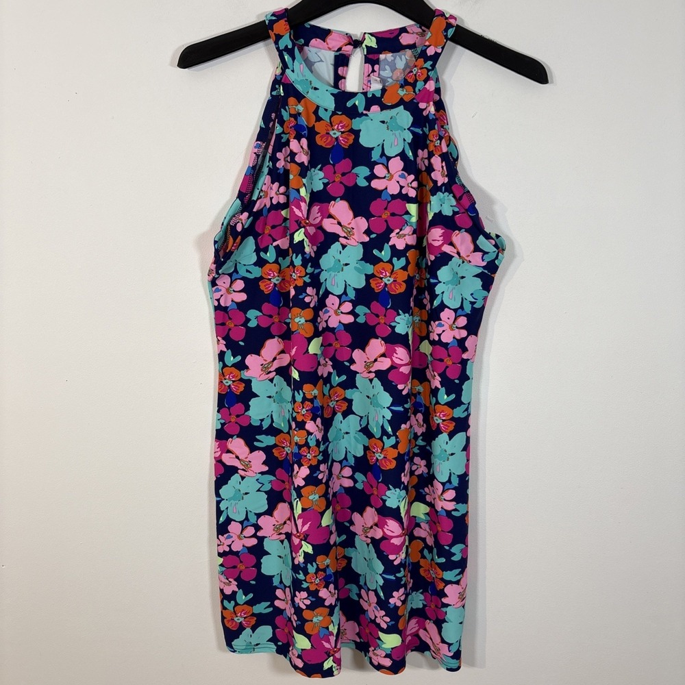 Areyah Multicolor Floral Halter Midi Dress Size Large Scalloped Edge Sleeveless - Picture 4 of 11